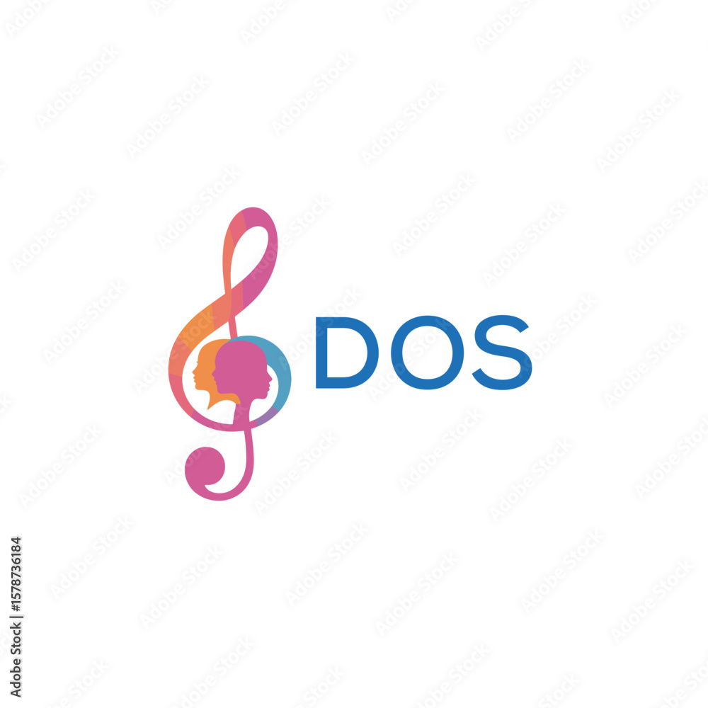 Fototapeta premium DOS “Creative music logo with human silhouettes and treble clef in gradient colors, DOS Later Logo, modern artistic design isolated on white background” 