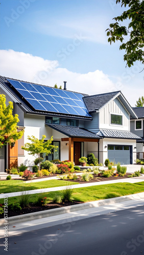 Passive solar house with solar panels on roof, surrounded by lush garden and bright blue sky, showcasing eco friendly living and modern design