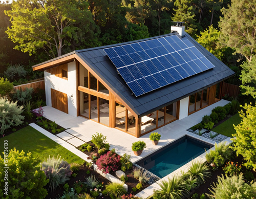 Passive solar house with solar panels on roof, surrounded by lush garden and pool, showcasing eco friendly design and natural light
