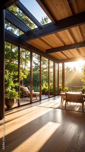 Passive solar house with large glass windows allowing sunlight to brighten interior and create warm, inviting atmosphere during sunset