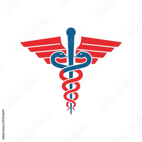 Classic caduceus in red and blue with wings and serpents, symbolizing healthcare and medical care