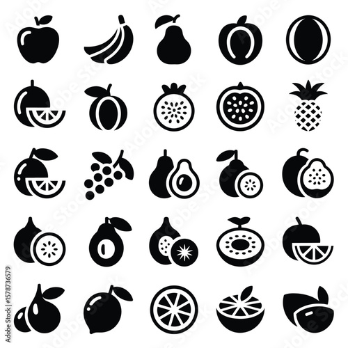 Collection of Thirty Black and White Fruit Icons Including Apples Bananas Pears Peaches Plums Oranges Grapefruit Pomegranates Passion Fruit Pineapple Lemons Limes Avocados