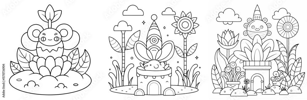 Naklejka premium Strange Garden Coloring Book Page - Outline Vector Line Art
