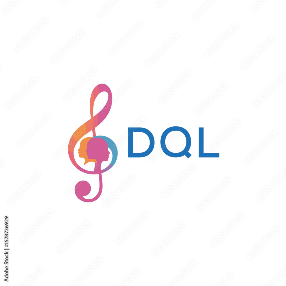 Fototapeta premium DOL “Creative music logo with human silhouettes and treble clef in gradient colors, DOL Later Logo, modern artistic design isolated on white background” 