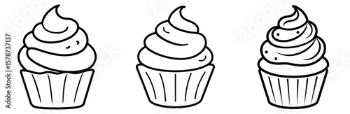 Sweet Cupcake with Cream Coloring Book Page - Outline Vector Line Art