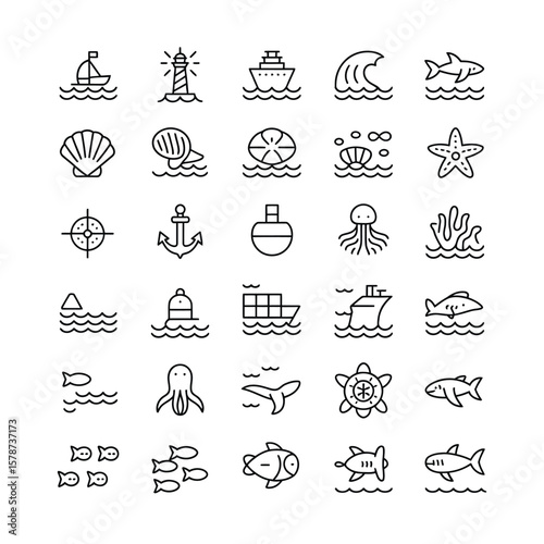 Collection of Thirty Black and White Linear Ocean Icons Depicting Ships Boats Fish Sharks Jellyfish Seashells and Other Nautical Elements on a White Background