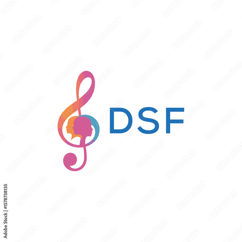 Fototapeta premium DSF “Creative music logo with human silhouettes and treble clef in gradient colors, DSF Later Logo, modern artistic design isolated on white background” 