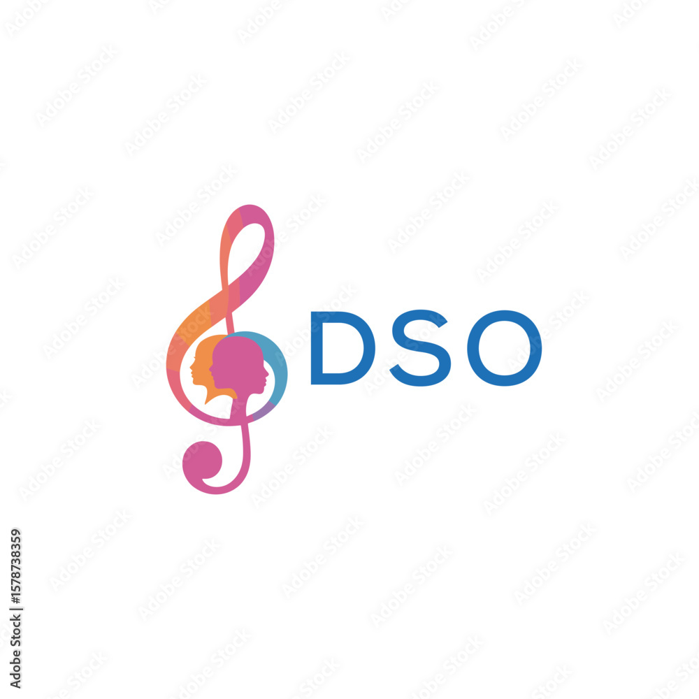 Fototapeta premium DSO “Creative music logo with human silhouettes and treble clef in gradient colors, DSO Later Logo, modern artistic design isolated on white background”