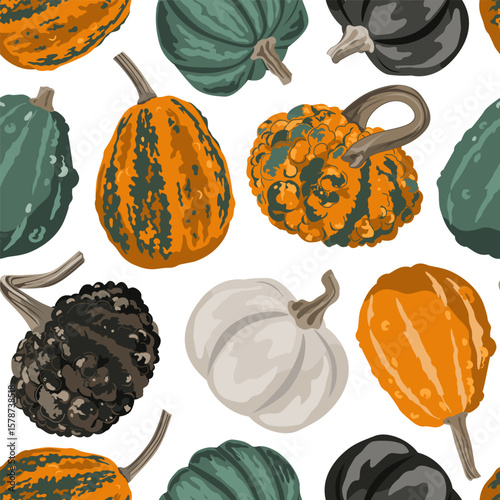 Cozy small gourds seamless pattern. Pumpkins autumn background. Vector squash illustration