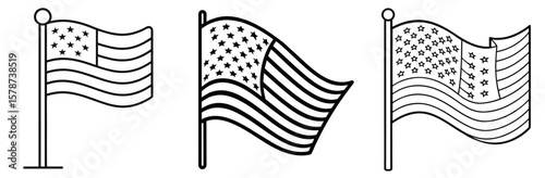 American Flag Coloring Book Page Outline - Line Art Design Vector