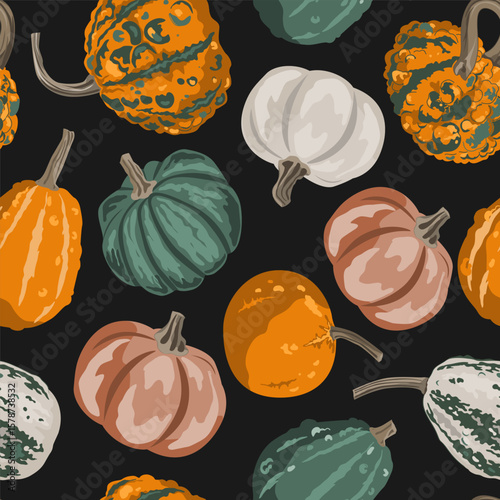 Cozy small gourds seamless pattern. Pumpkins autumn background. Vector squash illustration