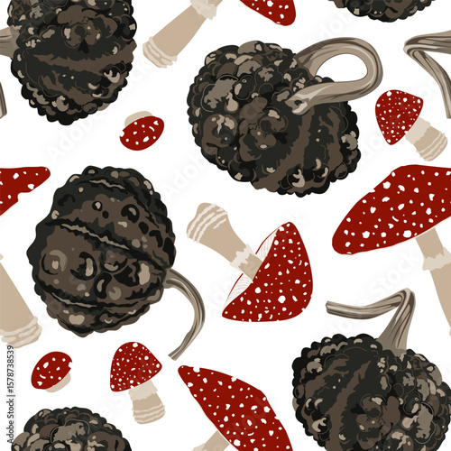 Witchy warty gourds ands fly agaric mushrooms seamless pattern. Pumpkins and amanita muscaria Halloween background. Vector black squashes illustration