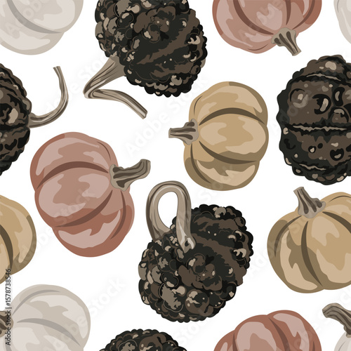 Cozy small gourds seamless pattern. Pumpkins autumn background. Vector squash illustration