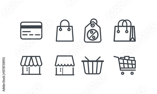 E-commerce and Shopping Icon Set.  Modern Outline Vector Illustrations for Retail, Marketplace, Payment, and Consumer Applications.