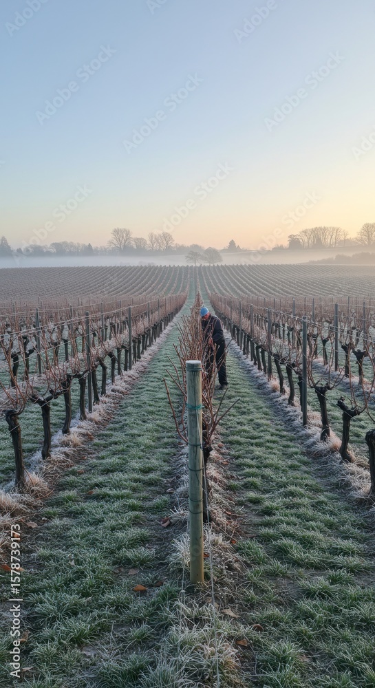 Fototapeta premium Frozen vineyard rows, worker visible