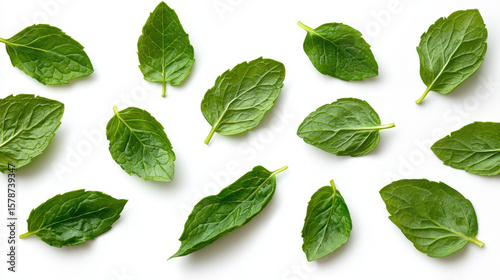 Fresh mint leaves arranged on white background, showcasing their vibrant green color and unique texture, perfect for culinary use or decoration