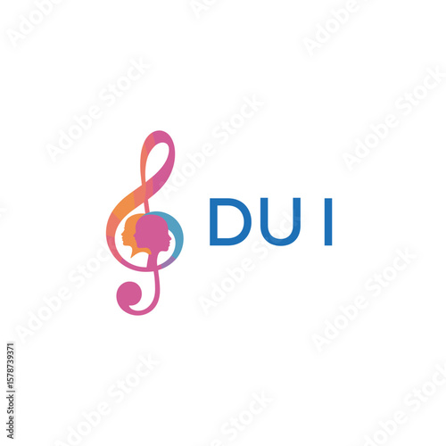 DUI “Creative music logo with human silhouettes and treble clef in gradient colors, DUI Later Logo, modern artistic design isolated on white background”
