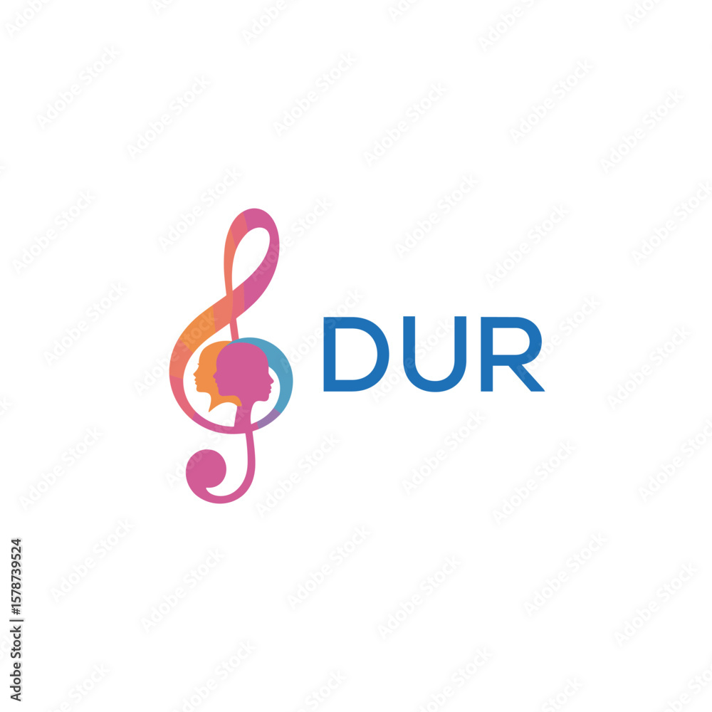Obraz premium DUR “Creative music logo with human silhouettes and treble clef in gradient colors, DUR Later Logo, modern artistic design isolated on white background” 