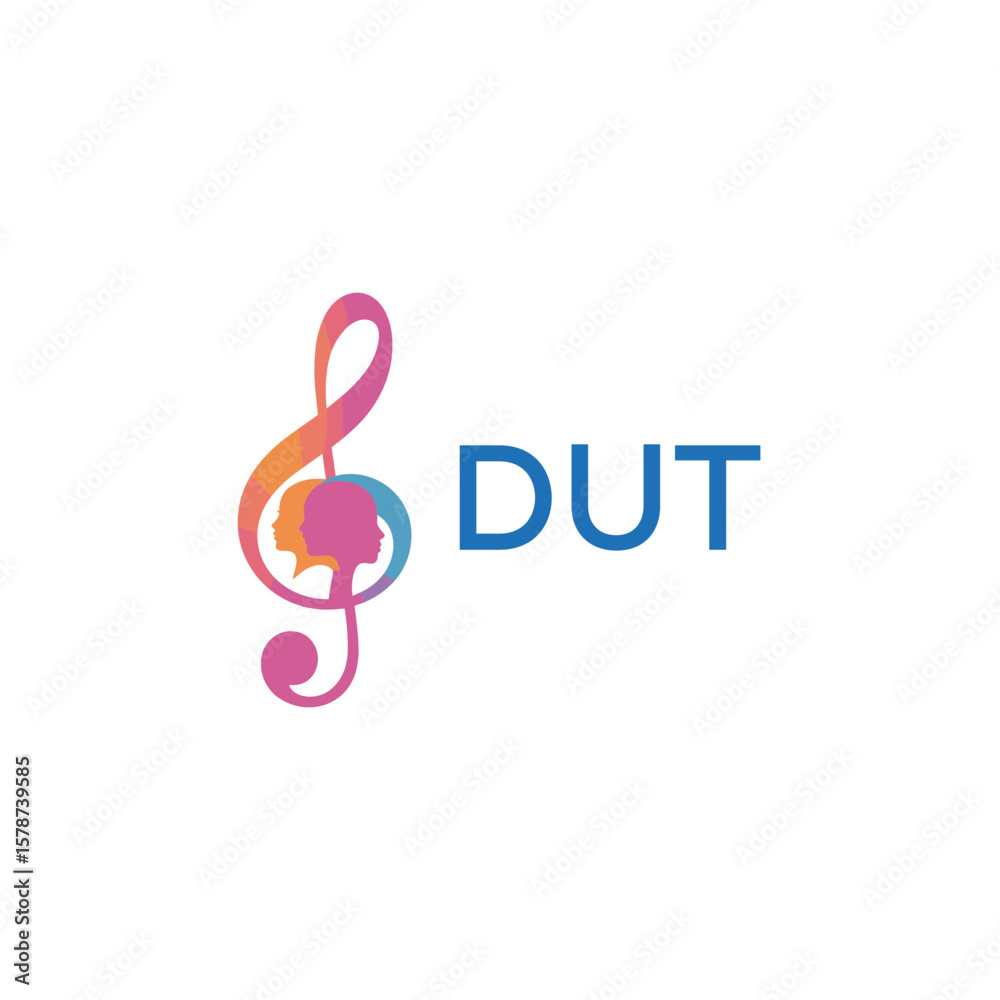 Fototapeta premium DUT “Creative music logo with human silhouettes and treble clef in gradient colors, DUT Later Logo, modern artistic design isolated on white background” 