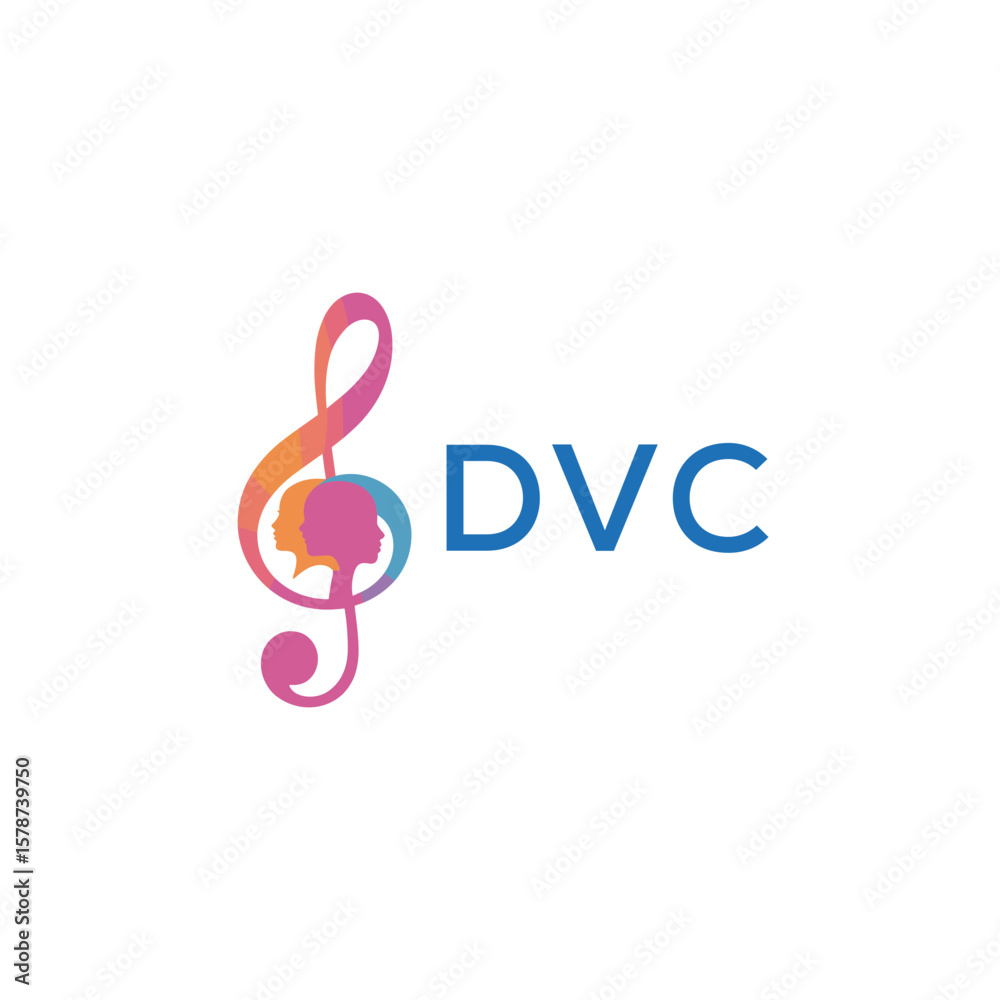 Fototapeta premium DVC “Creative music logo with human silhouettes and treble clef in gradient colors, DVC Later Logo, modern artistic design isolated on white background” 