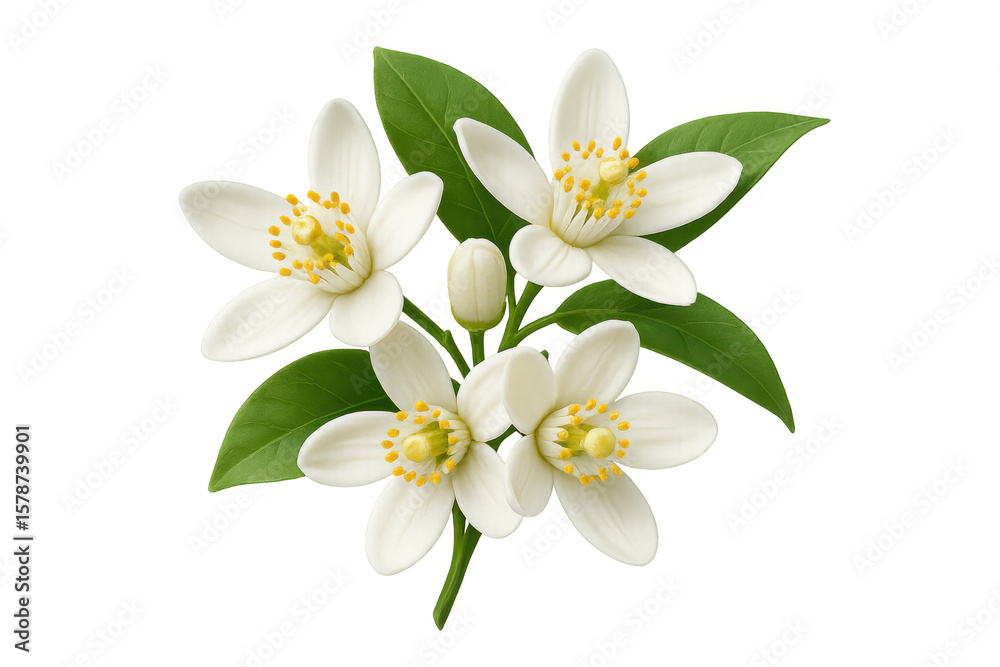 Obraz premium Delicate orange blossoms with vibrant green leaves, rendered in realistic illustration against transparent backdrop