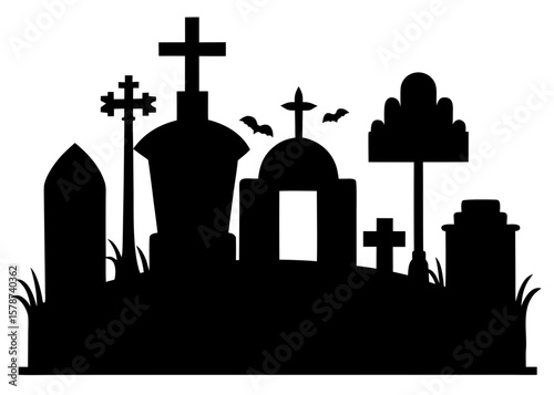 Graveyard silhouette features a tombstone in varying shapes, all depicted in black against a stark white backdrop, evocative of somber reflection.