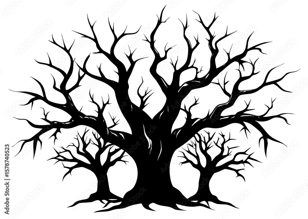 Obraz premium Dark tree branches create a creepy black silhouette against a stark white backdrop, evoking a sense of mystery and the eerie beauty of nature.