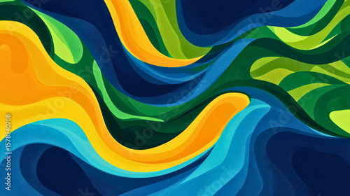 Bright, colorful waves and dynamic, flowing lines in green, yellow, and blue create a backdrop full of movement.