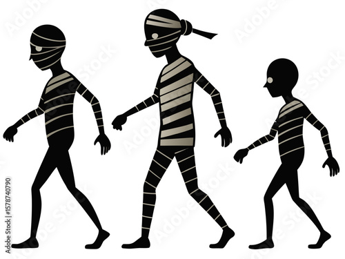 Spooky silhouettes of mummies with outstretched arms walking slowly create an eerie Halloween scene on a clean white background.