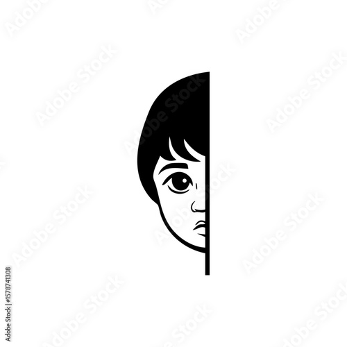 Minimalist black vector of a child’s face peeking from behind a wall, symbolizing fear, trauma, or child protection.

