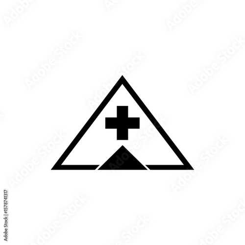 Minimalist black vector icon of a disaster relief tent marked with a medical cross, representing emergency field hospitals or humanitarian aid zones.

