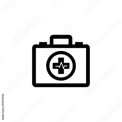 Minimalist black vector icon of a medical briefcase with a cross and pulse symbol, representing a first aid or emergency response kit.

