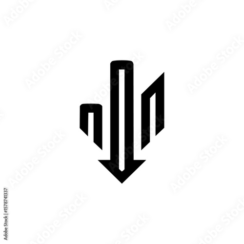 Minimalist black vector symbol of a downward-pointing arrow merging with bar chart lines, representing economic downturn, stock market crash, or business decline.

