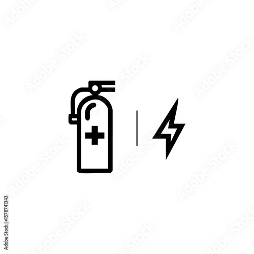 Vector icon of a fire extinguisher and a lightning bolt, illustrating protection against electrical fires. Suitable for safety manuals, emergency planning, or workplace hazard visuals.


