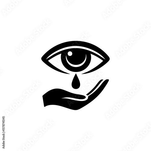 Minimalist black vector icon of an eye shedding a tear into a raised helping hand, symbolizing empathy, support, and emotional aid.

