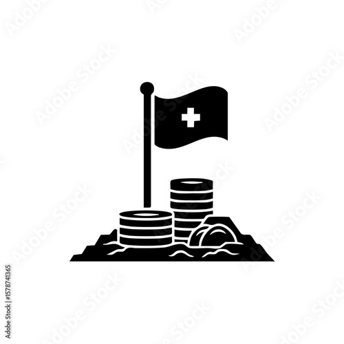 Symbolic black vector of a cross flag placed in stacked coins and soil, representing wealth protection, financial safety, and economic sovereignty.
