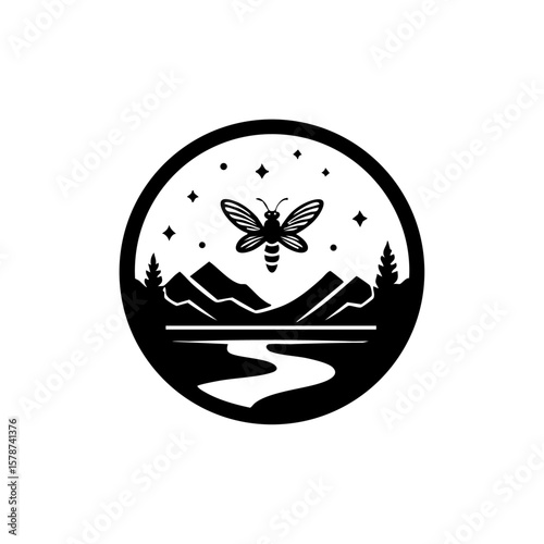 Minimalist vector of a glowing firefly above a night landscape with mountains, trees, and river trail, symbolizing guidance, mystery, and nature’s wonder.
