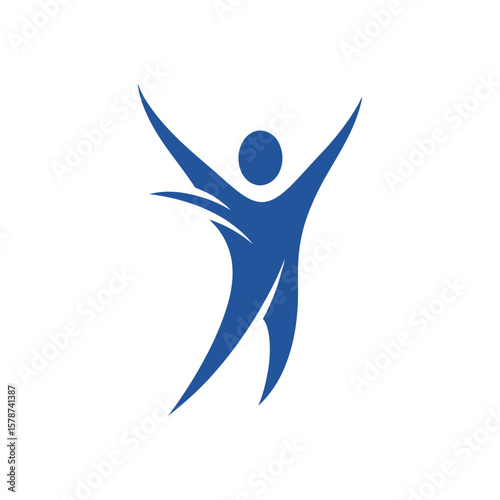 Blue abstract person jumping or stretching, representing health, fitness, and active lifestyle