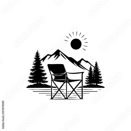 A scenic black illustration of a foldable camping chair facing a mountain range and pine trees under the sun, representing relaxation and outdoor adventure.
