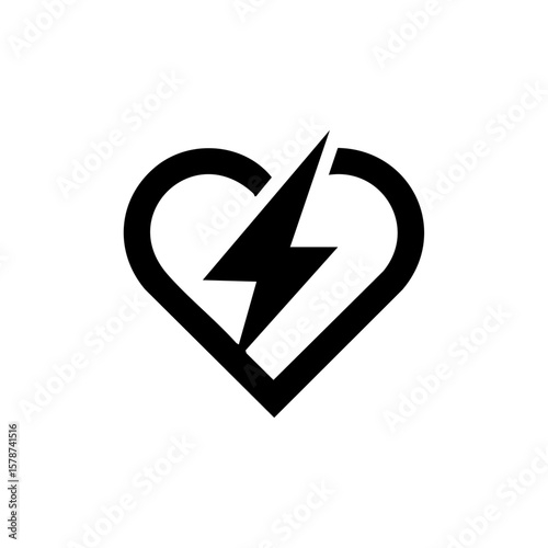 Minimalist black vector of a broken heart with a bold lightning bolt, symbolizing heartbreak, emotional shock, or sudden breakup in love or relationships.

