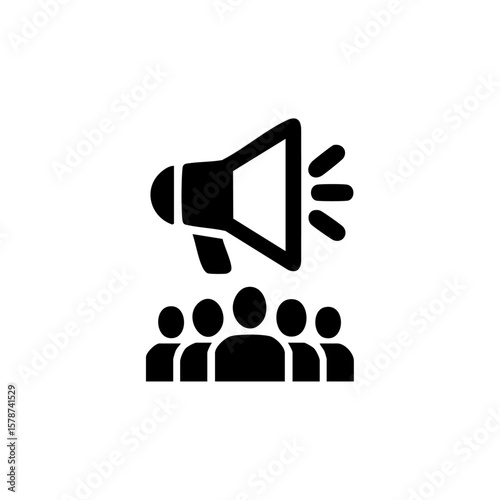 Black vector icon of a megaphone above a crowd of people, representing public announcement, protest, or mass communication.