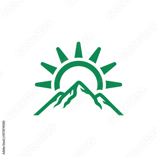 Green sunrise behind mountains symbolizing eco nature, adventure, and travel