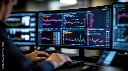 Wallpaper Mural Person analyzing financial data on multiple computer screens, showcasing stock market trends and graphs. atmosphere is focused and professional Torontodigital.ca