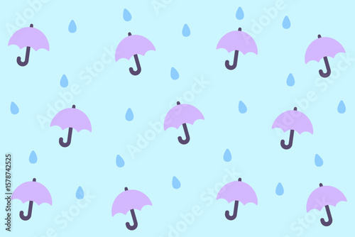 Charming purple umbrella with raindrops on a blue background. Great for rainy weather designs or seasonal stationery