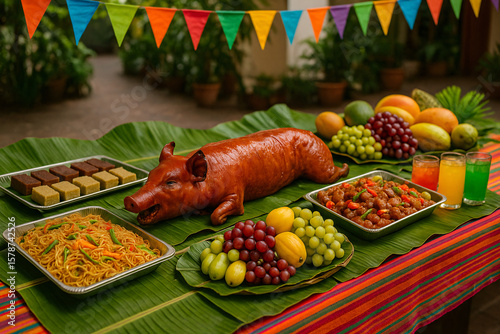 Colorful Filipino fiesta table with whole lechon, fruits, pancit, kakanin, and festive drinks on banana leaves
