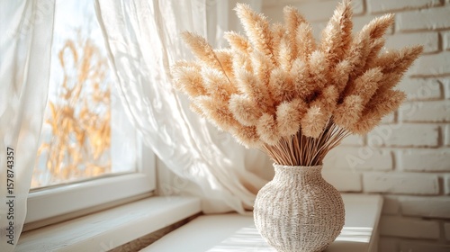 Serene Indoor Scene with Dried Pampas Grass in Artistic Vase by Bright Window