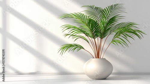 Serene Indoor Space with Lush Green Plant in Elegant Pot Surrounded by Soft Natural Light and Minimalist Design Elements