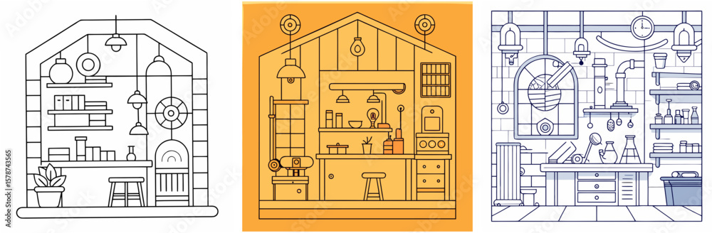 Fototapeta premium Workshop Interior Outline - Coloring Book Page Vector Design