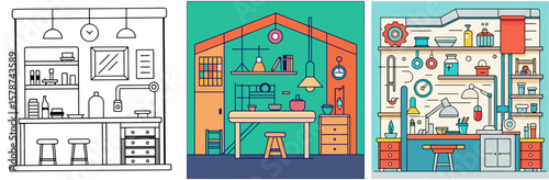 Workshop Interior Outline - Coloring Book Page Vector Design