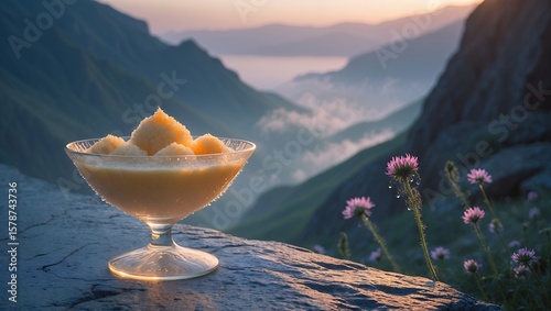 Serving of Peach Granita with Mountain Scenery and Floral Foreground